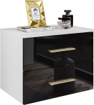 lukmebel Lina II Hanging Bedside Table, 55 x 42 x 37 cm, LED Lighting, Bedside Table, White / Black, High Gloss, Gold Handle, Bedside Table with Drawer, Bedroom Cabinet