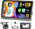 Hikity 8 Core/6+128G Android 15 autoraadio VW Golf 5 6 Tiguan Caddy Polo Touran juhtmevaba CarPlay Android auto 9-tollise puuteekraaniga GPS 59UI DSP SWC FM/RDS WiFi + 52PIN adapter + tagurduskaamera