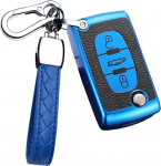 HIBEYO Flip Key auto v&otilde;tme puhul sobib Peugeot v&otilde;tme puhul Citroen C1 C2 C3 C4 Berlingo jaoks Peugeot 307 207 407 308 kaugjuhtimispuldi v&otilde;tmekast TPU nahast tekstuur 3-nuppu sinine