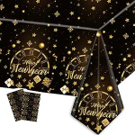 Pakett 2 Happy New Year Party laudlina, aastavahetuse laudlina, must kuldne aastavahetuse laudlina, plastist laudlina, veekindlad laudlinad aastavahetuse kaunistamiseks 2025