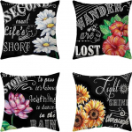 Cushion Cover 75 x 75 cm Black Flower Cushion Covers Set of 4 Linen Double Sided Cushion Covers with Invisible Zip Decorative Cushion Throw Cushion Cover Square Sofa Cushion Cover for Home Decor YG-42