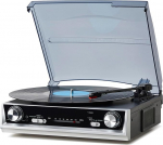 Vintage All-in-One Schallplattenspieler mit integreeritud Lautsprechern, 3 Geschwindigkeiten 33/45/78 U/min, FM-Radio, RCA- & Kopfh&ouml;rer-Ausgang, Schwarzes Holzdesign