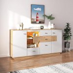 Lexiou Modern Sideboard Cabinet with Lots of Storage Space, with LED Lighting, 160 x 40 x 77 cm, 2 Doors, 4 Drawers, Glass Shelf, Wood Look, White, Living Room Furniture, Organiser, Chest of Drawers,