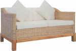 2-Sitzer Rattan Mini Diivan mit Kissen 132x78x71 cm Massivholz Gestell Bequeme Schlafcouch in Natur Cremewei&szlig; f&uuml;r Wohnzimmer Jugendzimmer K&uuml;che