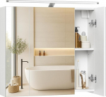 VASAGLE Kailyn Kollektion - Spiegelschrank Bad mit Beleuchtung, Badezimmerschrank mit 3 T&uuml;ren, Wandschrank mit verstellbaren Ablagen, moderner Stil, 15 x 60 x 55 cm, wolkenwei&szlig; BBK138WB01