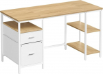 VASAGLE Arvutilaud Kontorilaud 3 riiuliga 2 sahtlit 140 x 60 x 76 cm Kontor elutuba kaasaegses stiilis naturaalne tammep&auml;rlivalge LWD104Y01