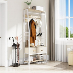 YITAHOME mantlihoidja, 6-in-1 mantlihoidja 2 sahtliga, seisev mantlihoidja koos kingahoidjaga, puidust ja metallist r&otilde;ivaste riba 8 konksuga, esikusse, elutuppa, magamistuppa, valge ja tamme v&auml;rvi