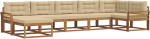 V&auml;ljas asuv diivanikomplekt 7-TLG Gartenlounge aus massivem Akazienholz mit Polstern in Natur und Beige, Modulare Sitzgruppe f&uuml;r Terrasse und Garten, 408 x 170,5 x 73 cm.