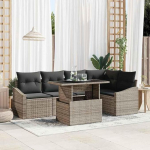 Modernes Garten-Ecksofa-Set 6-teilig Poly-Rattan Grau mit Kissen, Glas-Couchtisch, verstellbaren F&uuml;&szlig;en und Stauraum als Outdoor-Sofa-Garnitur