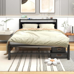 ARFARLY metallist voodi 120 x 200 cm voodiraam puidust peatoega, platvormvoodi raam, tugev lamellmadratsi alus, lihtne kokkupanek, must