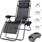 BAKAJI Gravity Zero Folding Garden Lounger Chair Space Saving with Steel Tray 22mm Tilt Oxford Fabric Breathable Patio Outdoor Pool (Black)