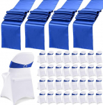 Preboun 68-teiliges Stretch-Spandex-Klappstuhlhussen und Satin-Stuhlsch&auml;rpen, Tischl&auml;ufer-Set, Stuhl-Schonbez&uuml;ge, Stuhlschleifen, Band f&uuml;r Hochzeit, Party, Bankett, Esszimmerstuhl-Dekor (K&ouml;nigsblau)