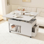 Kohvilaud, reguleeritava k&otilde;rgusega, pikendatav kohvilaud t&otilde;stukiga ja sahtlitega, varjatud hoiuruum, diivanilaud, k&uuml;ljelaud elutuppa (01-valge)