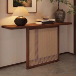 Rustikaler Konsolentisch Tischplatte aus Massivholz Eingangstisch mit Rattan Geflecht f&uuml;r Flur Wohnzimmer und Eingangsbereich(Brown,120x30x75cm)