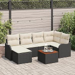 7-teiliges Garten Sofa Set mit Kissen Schwarz Poly Rattan Akazie, 2-Sitzer Garten Sofa mit Kissen Schwarz Poly Rattan Gartenlounge Model3347474