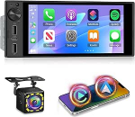 NHOPEEW 1-DIN autoraadio juhtmevaba CarPlay ja Android Car, FM autoraadio, rooliratta juhtimine, tagumise vaatekaamera tugi, kaks USB-pesa + Type-C kiirlaadimisfunktsiooniga