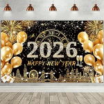 Xtra gro&szlig;es Happy New Year Banner 2024, 183 x 111 cm, Glitzer, Silvester-Hintergrund f&uuml;r Silvester, Dekorationen, Partyzubeh&ouml;r, Fotoautomaten-Requisiten, Schwarz und Gold, Party-Dekorationen (Gold)