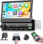 Autoradio 1 DIN 7-tollise k&auml;sitsi sisset&otilde;mmatava puuteekraaniga Carplay Android Car Wireless, FM-raadio Bluetoothiga, EQ, Mirror Link, 2 USB/Type-C/TF, autoraadio koos tagurduskaameraga / juhtimisega.