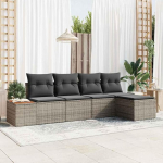 Modulares Gartensofa-Set 6-teilig in Grau aus Akazienholz und Polyrattan mit Kissen f&uuml;r den Au&szlig;enbereich als Outdoor-Sofa-Gruppe