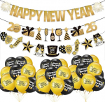 Silvester-Dekorationen 2026, Schwarz-Gold, Silvester-Dekorationen 2026, Banner und Luftballons, Partyzubeh&ouml;r, goldene Wimpelkette, Party-Dekoration f&uuml;r Zubeh&ouml;r, Innen- und Au&szlig;enbereich, Wohnzimmer