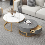 Elegantes Schiefer-Marmor-Couchtisch-Set mit Schubladenaufbewahrung und Metallrahmen, stilvolle Wohn- und Schlafzimmerm&ouml;bel f&uuml;r moderne Wohnkultur