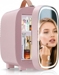 Enventor Mini Fridge 4L/6 Cans, Cosmetic Fridge with Dimmable LED Light Mirror, AC + 12V DC, Cooler & Warmer for Bedroom, Home, Car/Skin Care and Food, Pink