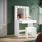SUNXURY Dressing Table with Lighting Mirror and Stool Modern Dressing Table with 1 Drawer Cosmetic Table with Mirror Bedroom Furniture for Girls 140 x 40 x 80 cm White