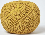 Homescapes Crochet Pouf, Mustard Yellow, Flat Floor Cushion 40 x 50 cm in Boho Style, Comfortable Footstool in Macrame Look, Crocheted Puff Made of 100% Cotton, Crochet Pouff/Knitted Stool