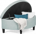 Adeco Half Moon Ottoman Storage Padded Button Tufted Entrance Bench with Nail Head Trim Footrest Stool Coffee Table for Bedroom Living Room Pastel Blue