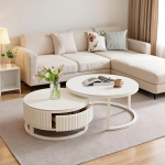 Set mit 2 modernen, wei&szlig;en runden Couchtischen mit Marmorplatte und Massivholzschublade, stilvolle Nisttische f&uuml;r Wohnzimmer und B&uuml;ro, stabiler Metallsockel