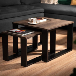 LEHMANN Puidust elutoa laud, kohvilaud, 2 komplektis 2 suuruses, puidust k&uuml;ljelaud, musta raami ja puidust lauaga elutoa laud diivanile, k&uuml;ljelauad elutoa komplekti, pruun tamme v&auml;rvi