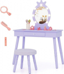 COSTWAY laste riietuslaud koos valgustusega, 2-in-1 printsessi riietuslaud eemaldatava peegli ja sahtliga, puidust meigikomplekt koos v&auml;ljaheitega, kosmeetikalaud t&uuml;drukutele lastele vanuses 3-7 aastat