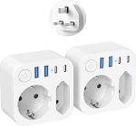 2 Pack UK reisiadapter Inglismaa Saksamaa pistik, reisipistik Type G pistikupesa 4 USB (2 Type-C) reisiadapter koos l&uuml;litiga Iirimaale UK (EU to UK)