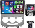 Hikity 2GB + 64GB Android 15 autoraadio Mazda 5 2007 2008 2009 2010 juhtmevaba CarPlay Android auto, 9-tolline autoraadio koos navigatsiooniekraaniga Bluetooth FM RDS raadio SWC USB tagurduskaameraga