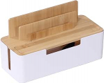 Relaxdays kaablikarp, bambus, hoidik mobiiltelefonile ja tahvelarvutile, HBT: 16 x 30 x 13 cm, 6-kohaline pistikupesa, kaabli peidiku ventilatsioon, naturaalvalge
