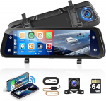 Hikity 9,66-tolline Carplay peegel Dash Cam koos tagurduskaameraga, Android auto, h&auml;&auml;ljuhtimine, GPS, G-sensor, Super Night Vision, WDR, Loop salvestamine, parkimise j&auml;lgimine, 32G SD kaart