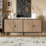 WASAGA Sideboard with Raised Texture, 160 cm, Cabinet with Four Doors, Golden Brushed Handles and High Gloss Table Legs (Black + Wood)
