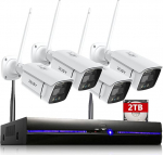 REIGY 5MP WLAN Outdoor Surveillance Camera Set with Floodlight and 2TB Hard Drive, 10CH Wireless NVR Surveillance System + 4 x 1920P Camera Wireless, Two-Way Audio Motion Detection Coloured Night