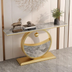 Moderne Halbmond-Konsole Akzenttisch, schmale Schiefertischplatte, Luxus-Eingangskonsool Sofa-Tisch mit Metallgestell, minimalistisches Flurm&ouml;bel f&uuml;r Wohnzimmer(Gold C,150cm/59in)