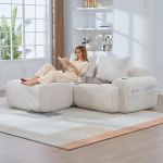 Muskel Modulaarne L-kujuline nurgadiivan koos jalatoega, kaasaegne 2-kohaline n&ouml;&ouml;rdiivan ilma kokkupanekuta, kokkusurutud kondita diivan kahekohaline diivan, elutuppa (beež, 2S+1)