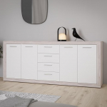 Forte BACCIO Sideboard 200, kaasaegne kapp elutuppa/magamistuppa, 4 ust, 4 sahtlit, puitmaterjal, liivatammepuidust kaunistus, valge, 197,1 cm lai x 91,9 cm k&otilde;rge x 41 cm s&uuml;gavus.