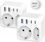 2 Pack Travel Adaptor USA Saksamaa Plug 4 USB (2-USB C) ja 2 Way pistikupesa, 6-in-1 Travel Adapter Travel Plug t&uuml;&uuml;p B ELi-Ameerika Kanada Tai Mehhiko