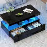 LIVLUX Modernne kohvilaud 104 x 53 x 46 cm Valge lakitud LED-iga, avatud hoiuruumiga ja 2 sahtliga Ideaalne elutuppa, kontorisse, magamistuppa (must, 104 x 53 x 46 cm)