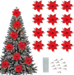 Pakett 12 Poinsettia lilled kunstlik n&otilde;uandeid klambritega j&otilde;ulukaunistus Glitter Poinsettia j&otilde;ulupuu lillede kaunistused koos varred DIY j&otilde;ulup&auml;rja puhkust