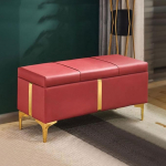 Shally Dogan Premium Faux Leather Modern Design Luxury Bench with Gold Metal Feet and Detail Footstool for Bedroom Living Room Red