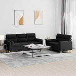 2-TLG. Sofagarnitur mit Kissen Schwarz Stoff Gem&uuml;tliches Sofa Set mit Hocker, Langlebige Stoffgarnitur f&uuml;r Wohnzimmer