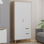 Forte VANKKA garderoobikapp 95, 2 ukse ja 2 sahtliga kapp, puitmaterjal, tammepuidust laudisega, valge dekoor, 94,7 cm lai, 201,5 cm k&otilde;rge, 52,7 cm s&uuml;gavus