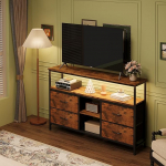 MUTUN TV kapp LED valgustusega, Lowboard TV jaoks 4 riidest sahtliga, V-laud ja TV laud, mitmek&uuml;lgne TV kapp elutuppa ja magamistuppa, stiilne TV m&ouml;&ouml;bel, Pruun