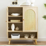 Sideboard, 4 tasandiline k&ouml;&ouml;gikapp 2 rotangist uksega, avatud sektsioon ja reguleeritavad riiulid, buffetkapp, hoiukapp, Highboard, puit, kohvibaarikapp, sahtlikapp, 82 x 100 x 40