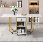 Merax Mobile Folding Table with Drawers and Cabinet, 43/150 x 80 x 76 cm, Dining Room Table with Wheels, Kitchen Table, Coffee Table, Modern Leisure Table in 3 Shapes, for Home and Office, Gold and